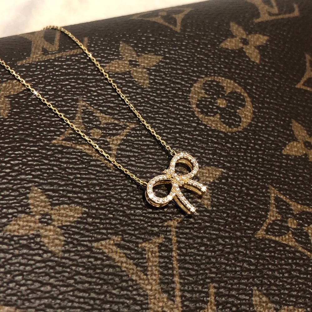 NEW Sparkly Bling 3D Ribbon Bow Gold Dipped Cubic Rhinestone Dainty Necklace